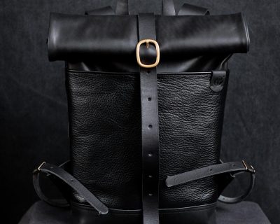 Кожаный мужской рюкзак роллтоп — Черный
